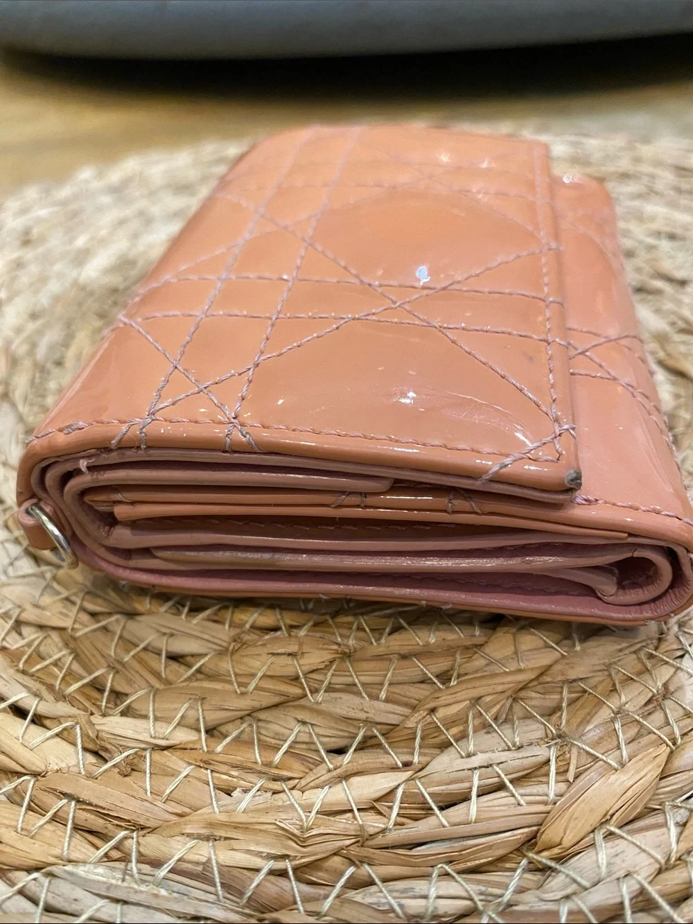 Lady Dior Lotus Quilted Patent Leather Cannage Wallet in Peachy Pink